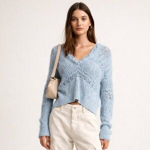 Intermix cashmere wool blend open knit pale blue hooded cardigan sweater. Small